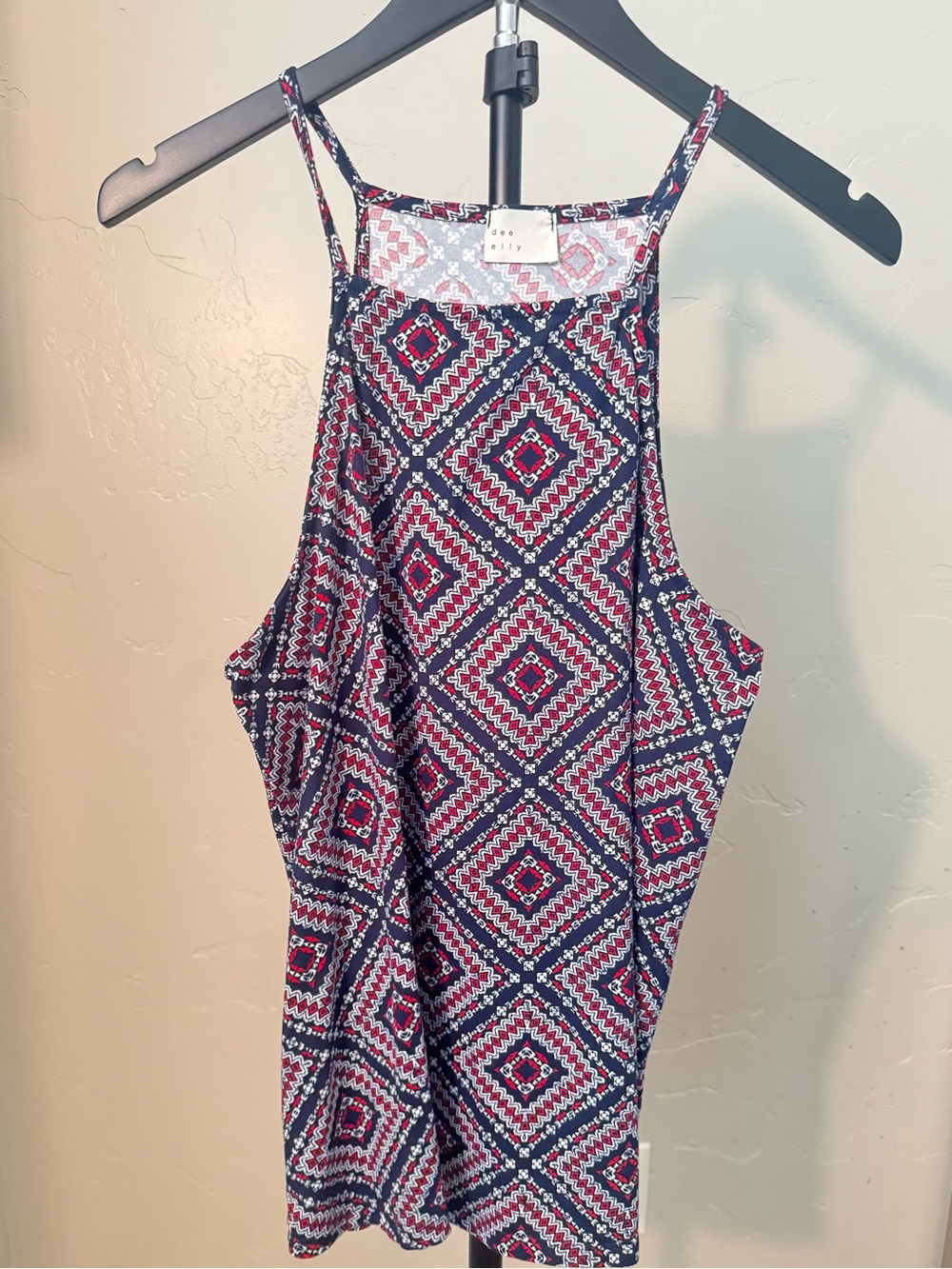 Dee Elly Navy Red White Geometric Print Swing high halter tank Medium
